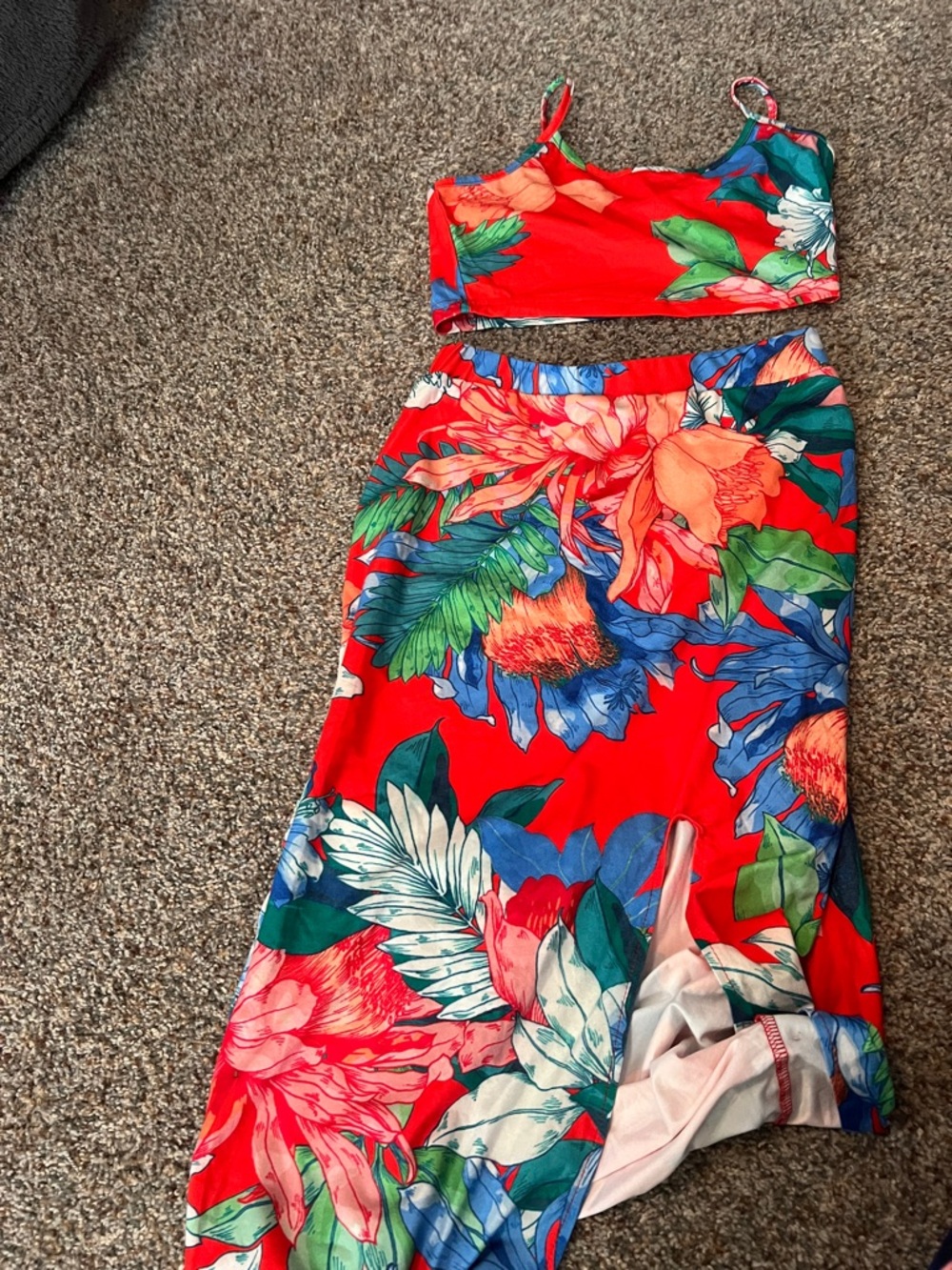 SHEIN Red Floral Maxi Skirt Two-Piece Set
